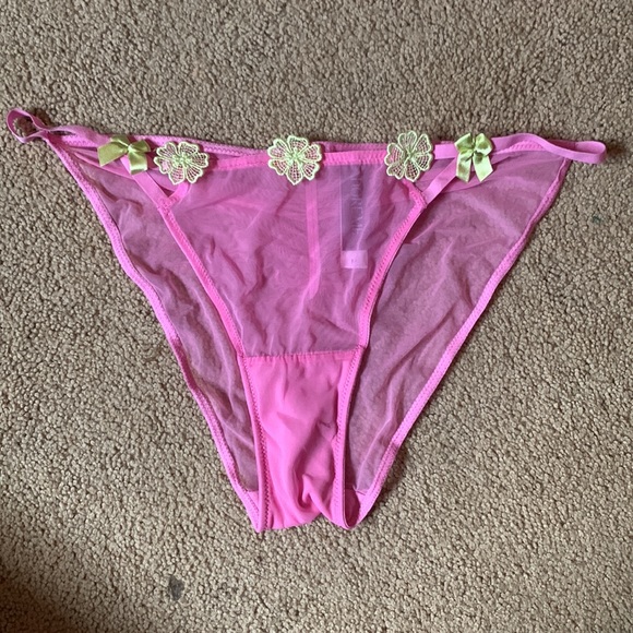 Pink lace Adore Me push up bra and underwear. With lights green floral trim. - Picture 3 of 6